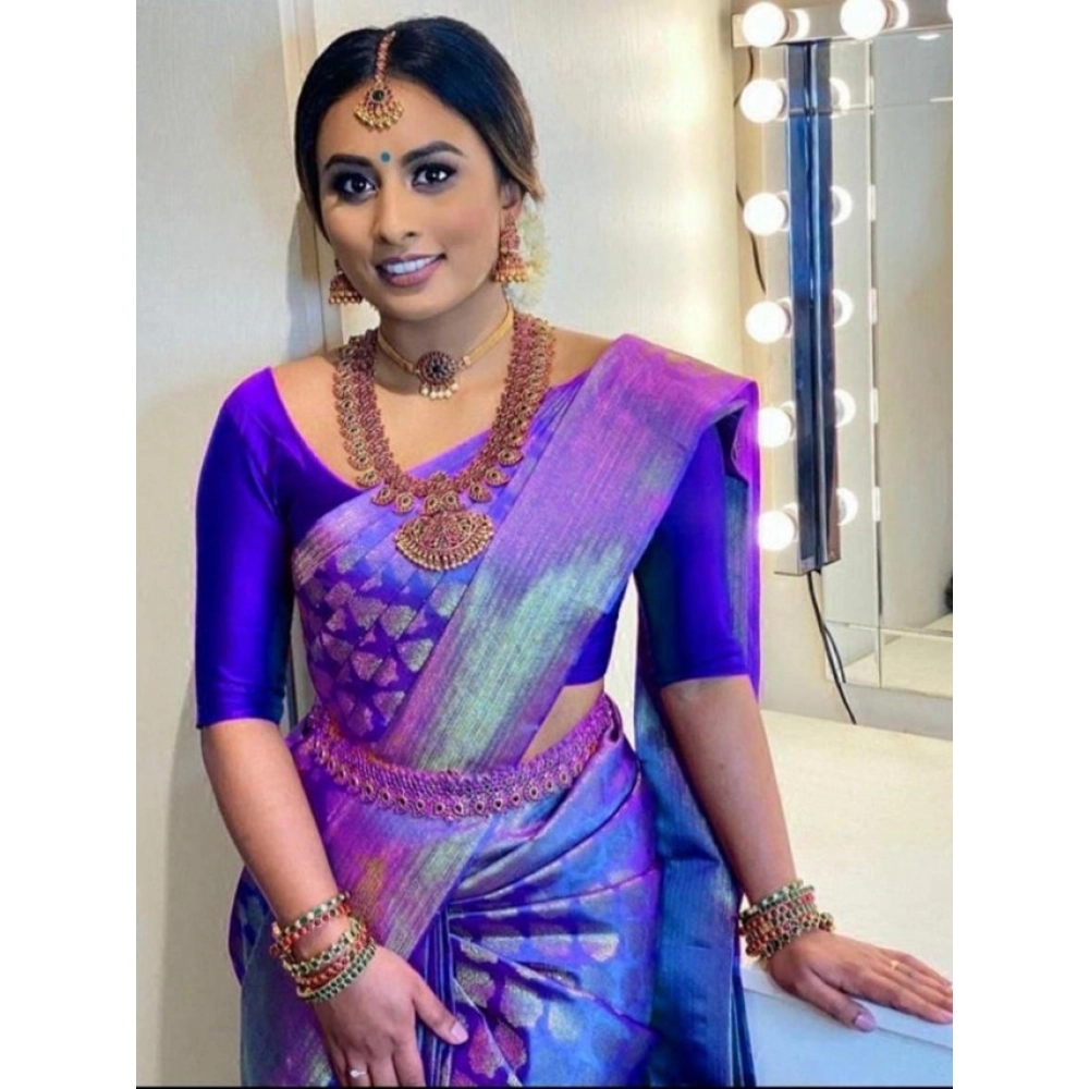 Spherevant Women's Litchi silk Printed Saree With Unstitched Blouse (Blue)