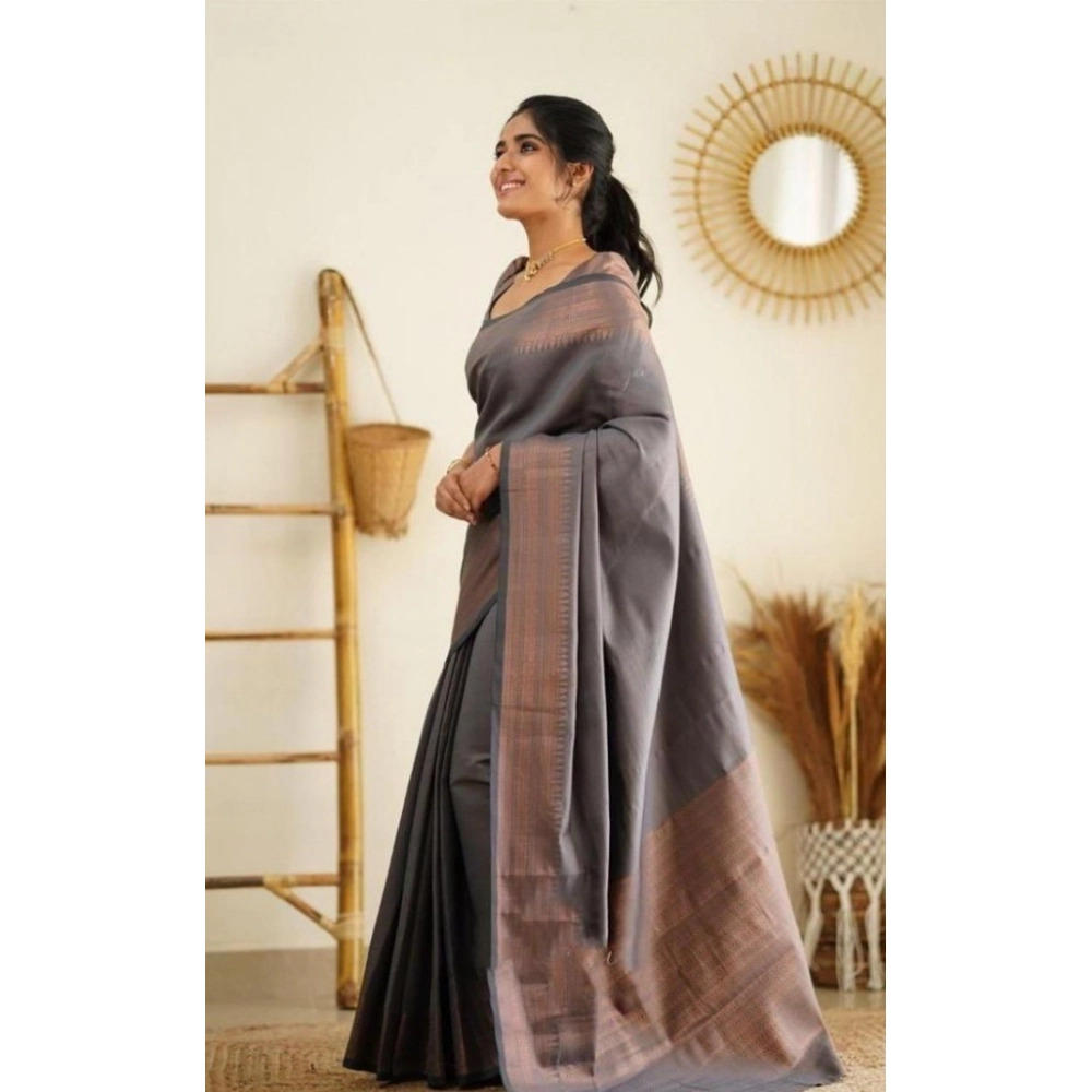 Spherevant Women's Litchi silk Printed Saree With Unstitched Blouse (Grey) - Image 2
