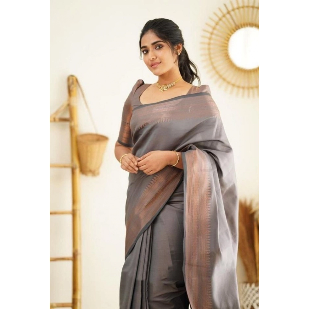 Spherevant Women's Litchi silk Printed Saree With Unstitched Blouse (Grey) - Image 3