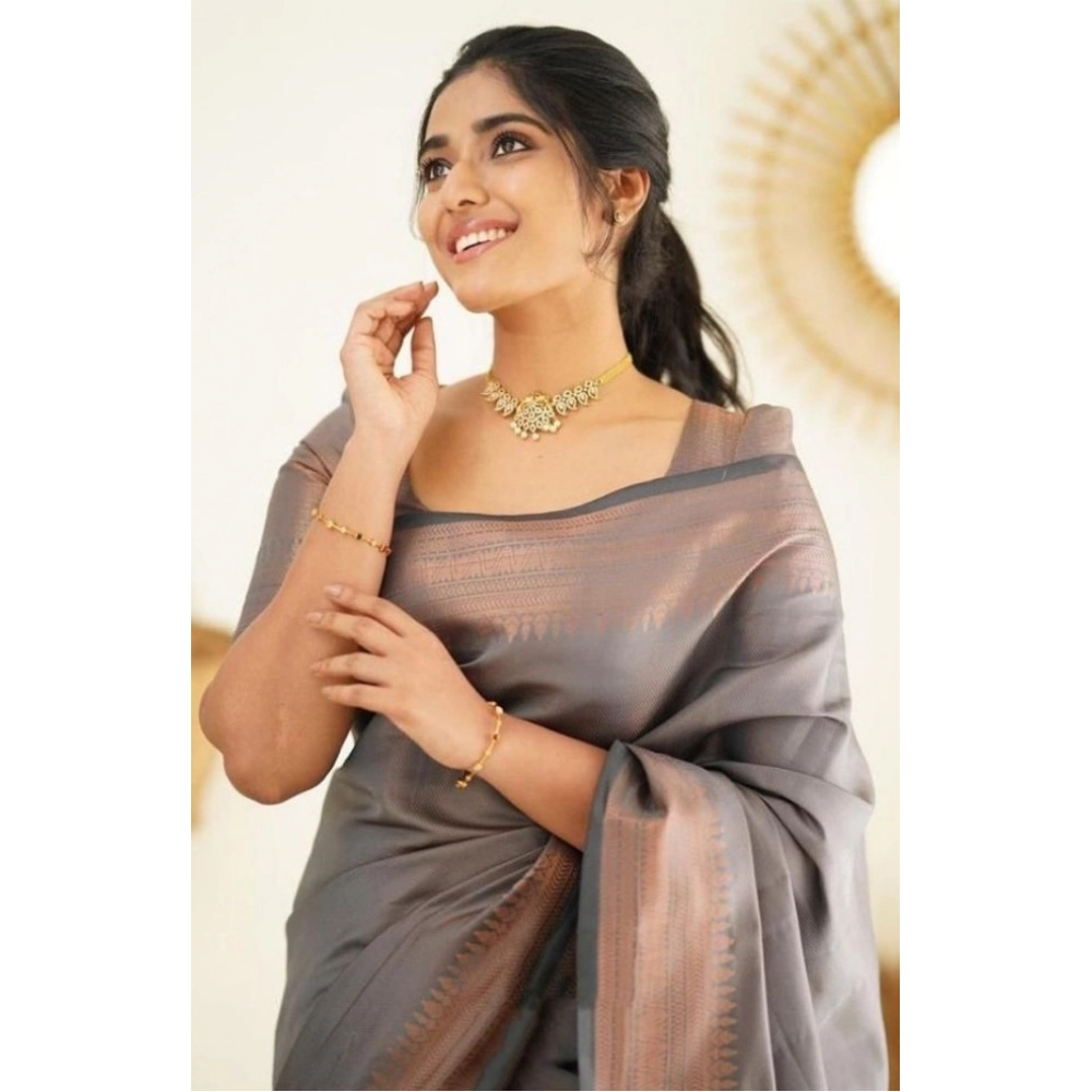 Spherevant Women's Litchi silk Printed Saree With Unstitched Blouse (Grey) - Image 4