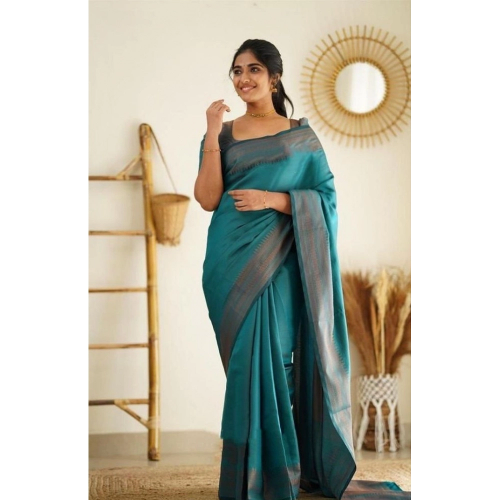 Spherevant Women's Litchi silk Printed Saree With Unstitched Blouse (Rama Blue)