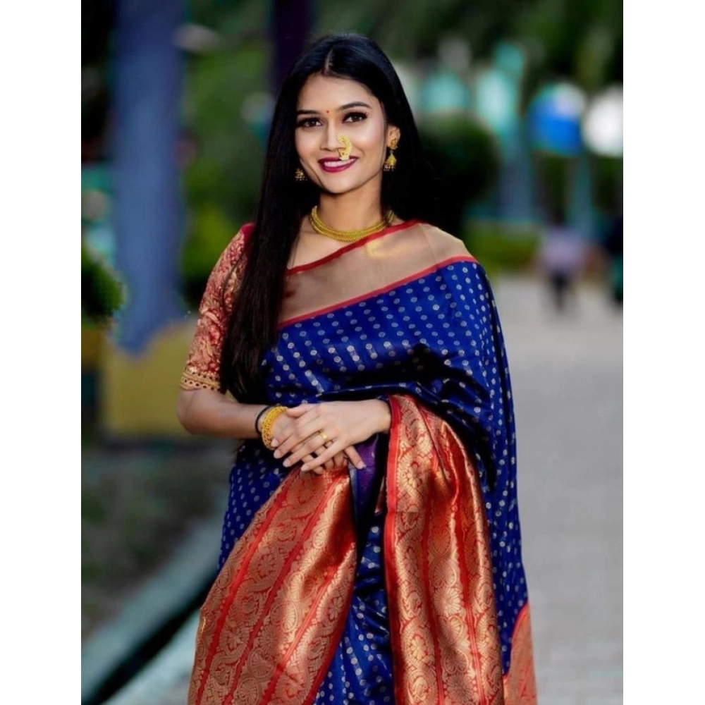 Spherevant Women's Litchi silk Printed Saree With Unstitched Blouse (Blue)