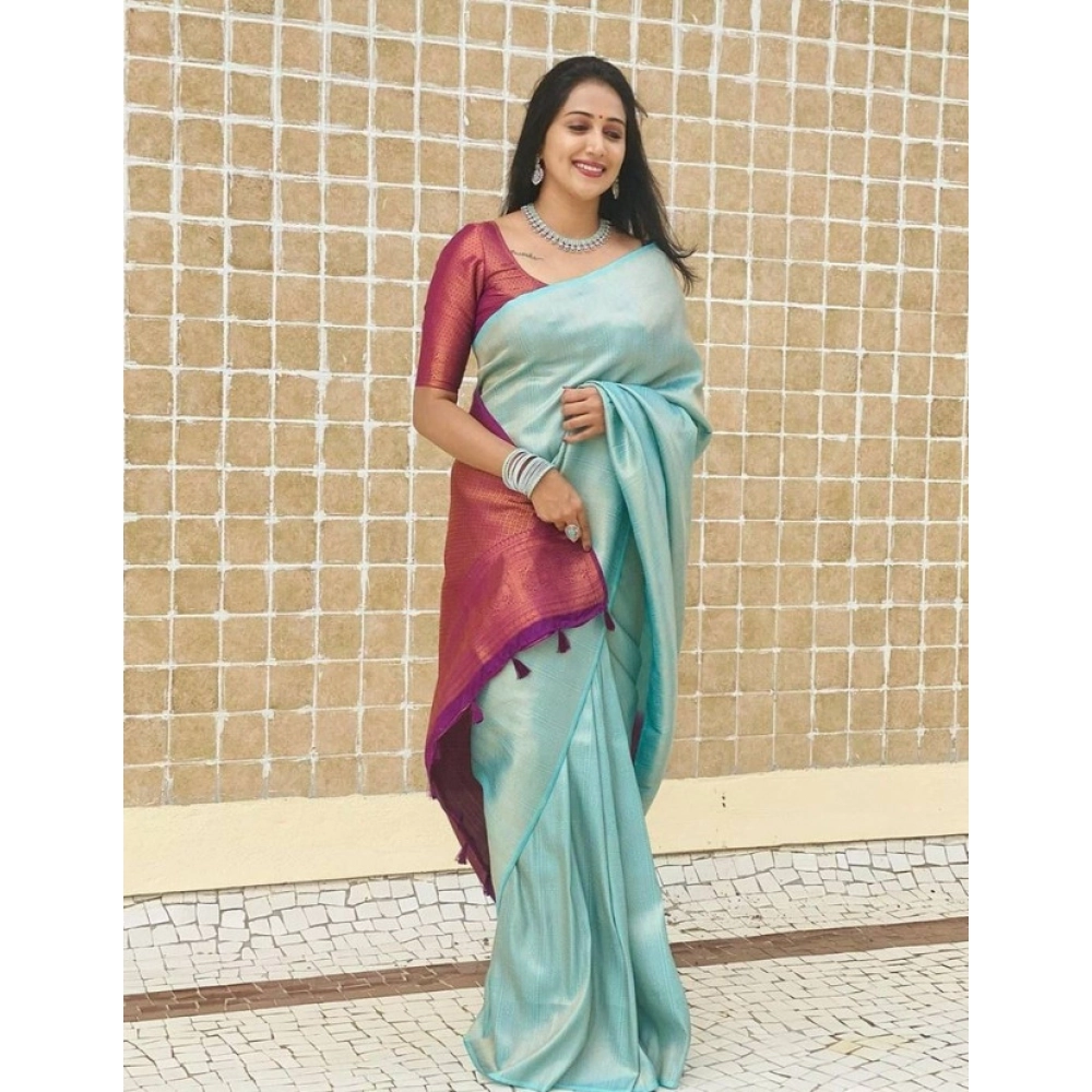Spherevant Women's Litchi silk Printed Saree With Unstitched Blouse (Blue)