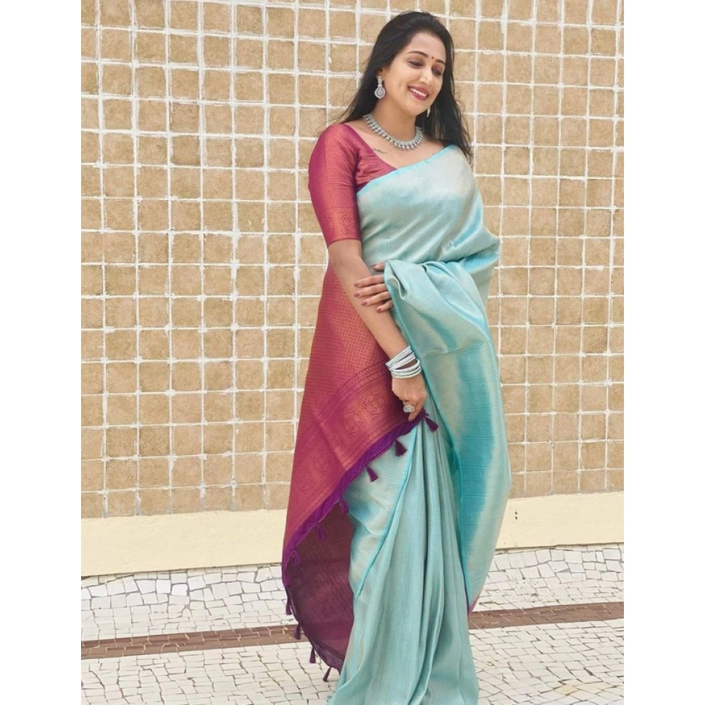 Spherevant Women's Litchi silk Printed Saree With Unstitched Blouse (Blue) - Image 2