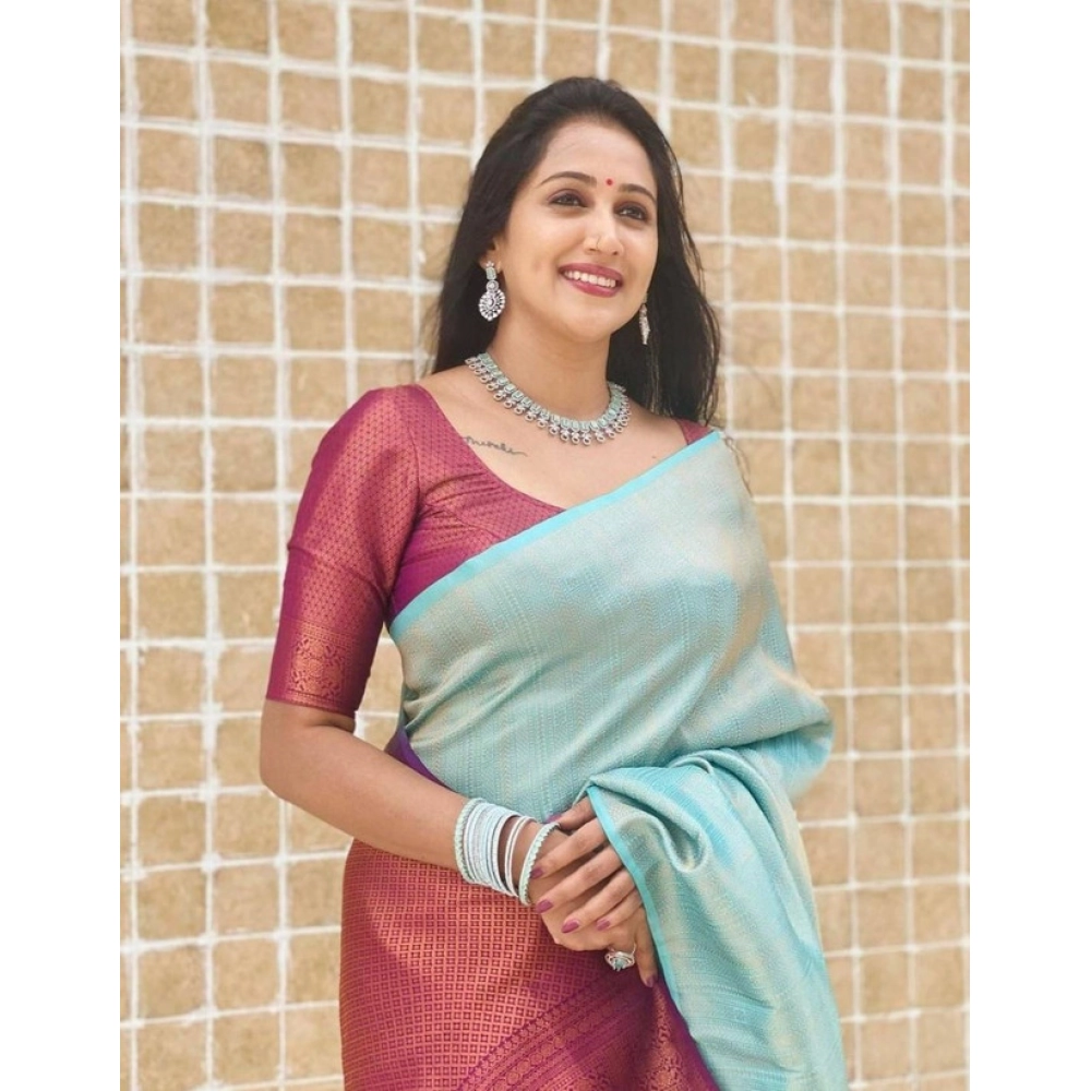 Spherevant Women's Litchi silk Printed Saree With Unstitched Blouse (Blue) - Image 3