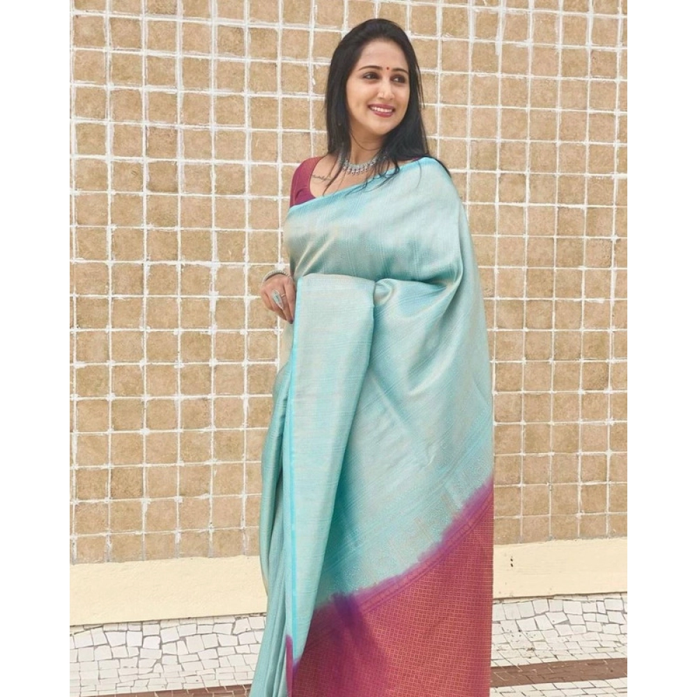 Spherevant Women's Litchi silk Printed Saree With Unstitched Blouse (Blue) - Image 4