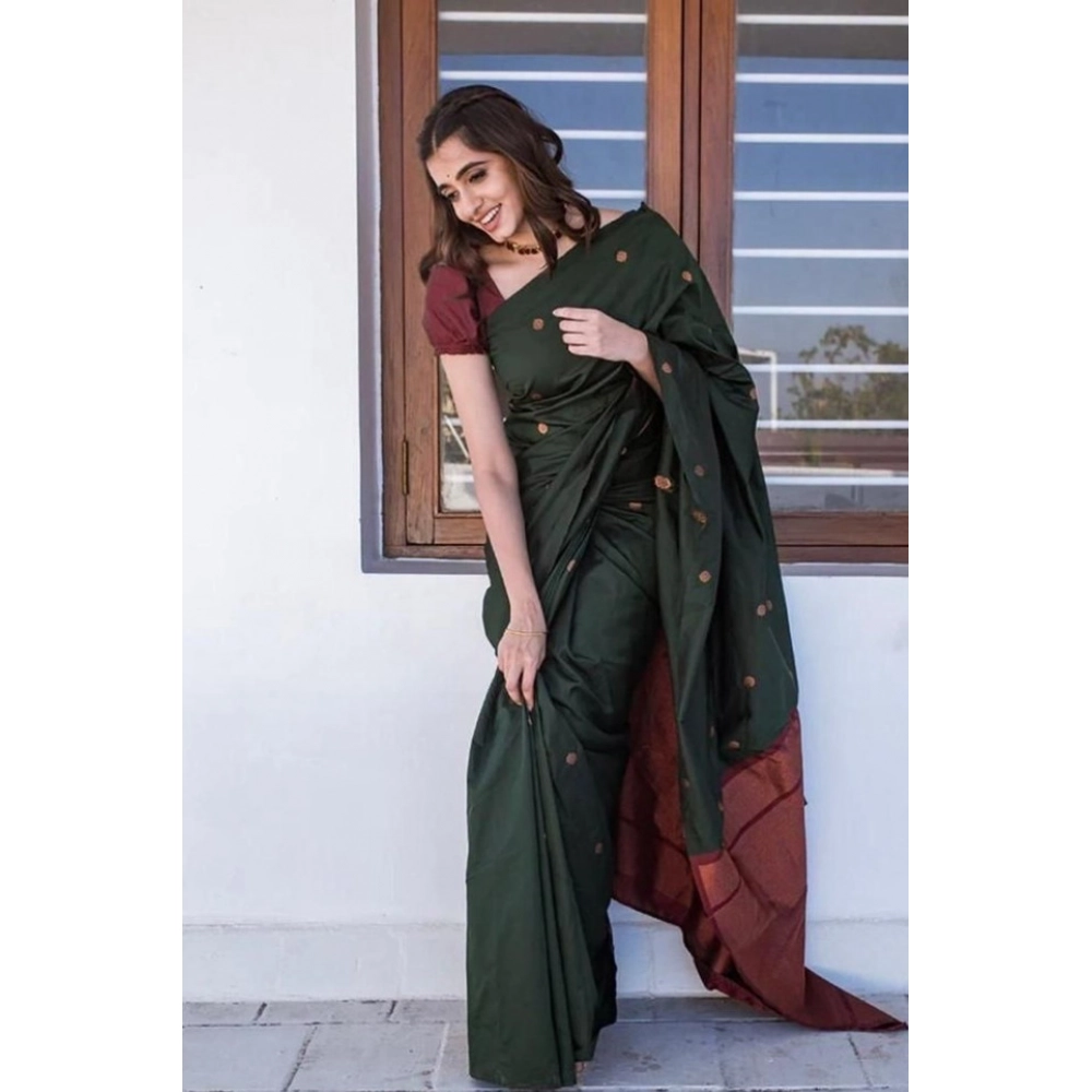 Spherevant Women's Litchi silk Printed Saree With Unstitched Blouse (Dark Green)