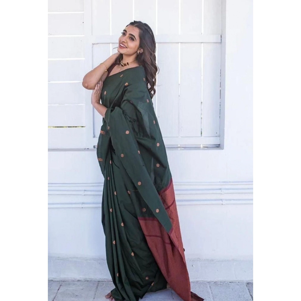 Spherevant Women's Litchi silk Printed Saree With Unstitched Blouse (Dark Green) - Image 2