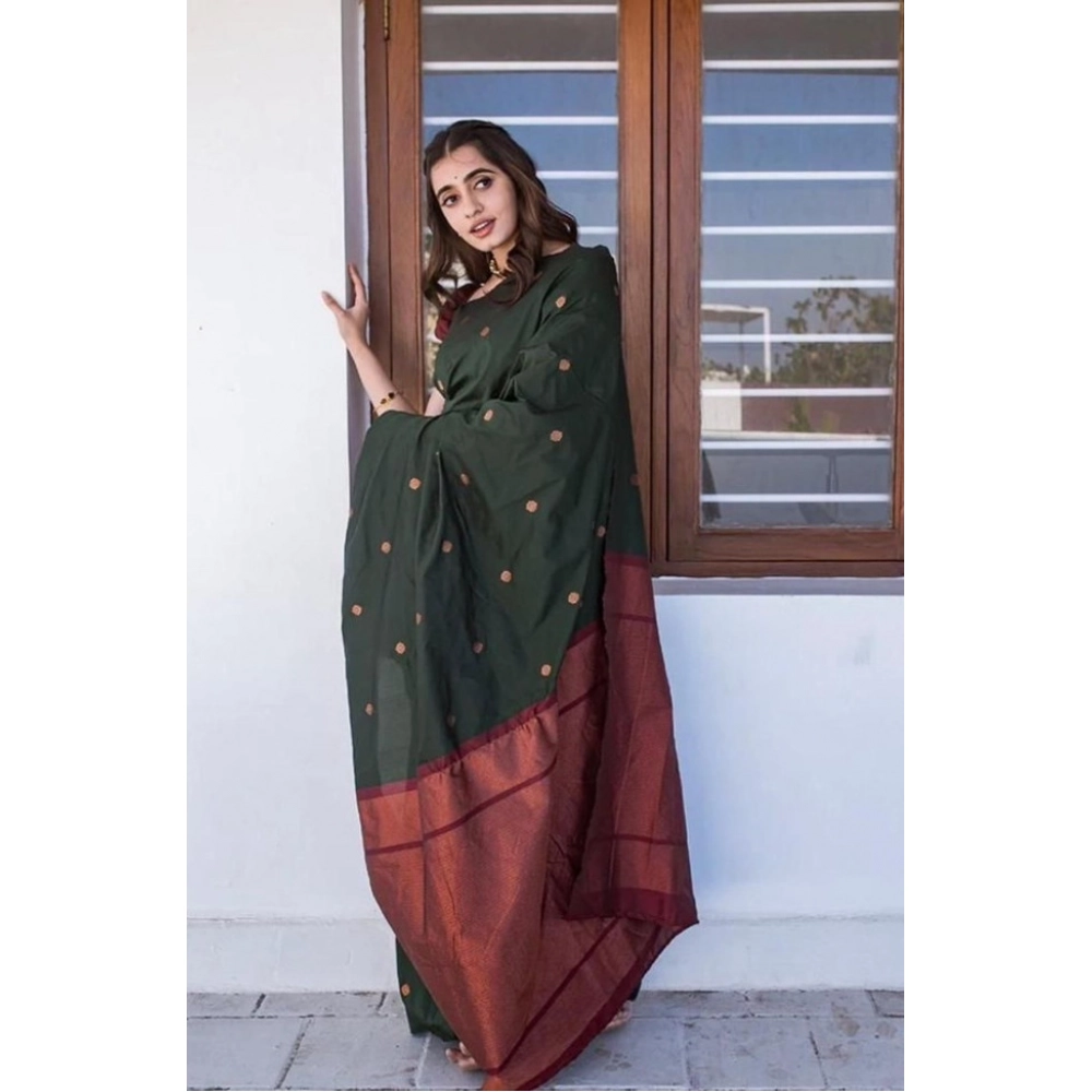 Spherevant Women's Litchi silk Printed Saree With Unstitched Blouse (Dark Green) - Image 3