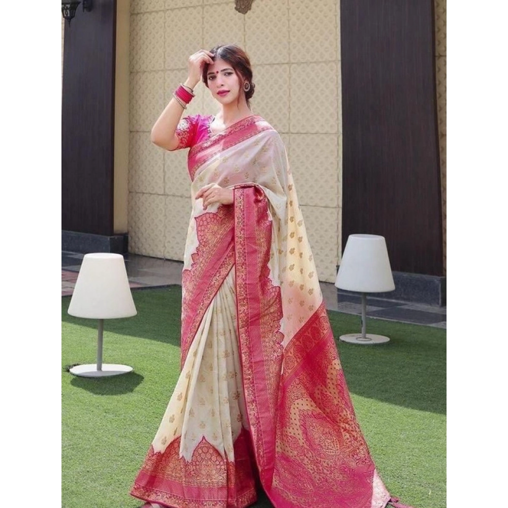 Spherevant Women's Litchi silk Printed Saree With Unstitched Blouse (Half White) - Image 2