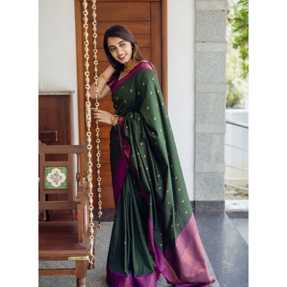 Spherevant Women's Litchi silk Printed Saree With Unstitched Blouse (Dark Green)