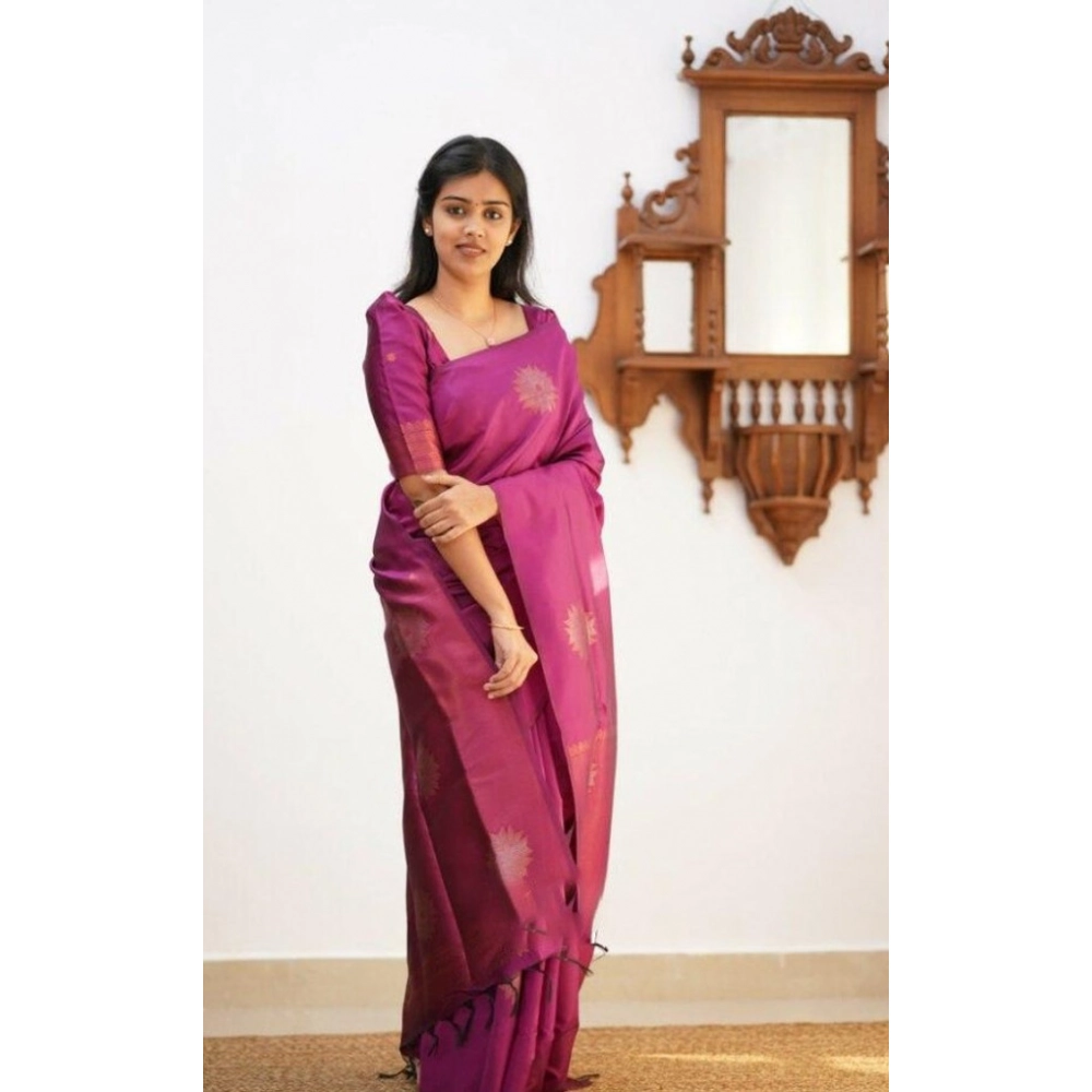 Spherevant Women's Litchi silk Printed Saree With Unstitched Blouse (Dark Pink)