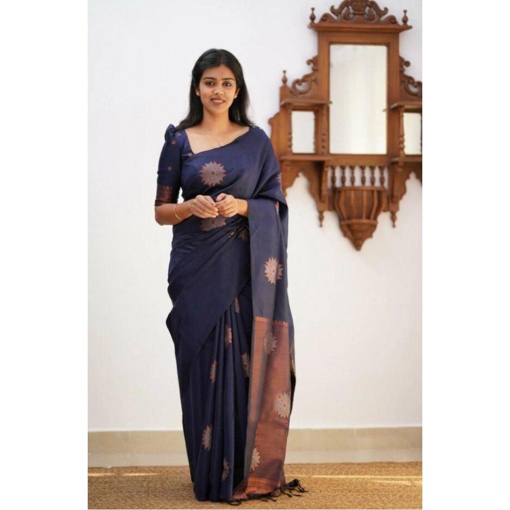 Spherevant Women's Litchi silk Printed Saree With Unstitched Blouse (Dark Blue)