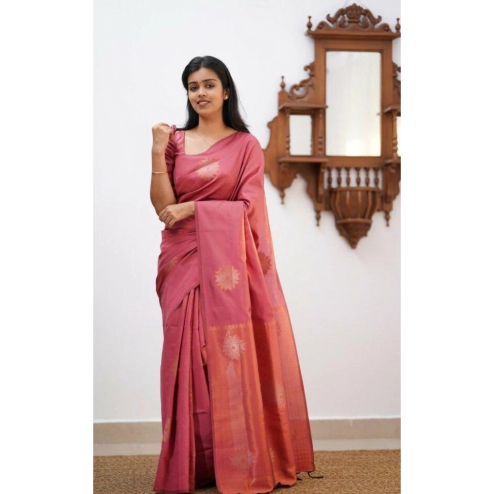 Spherevant Women's Litchi silk Printed Saree With Unstitched Blouse (Peach)