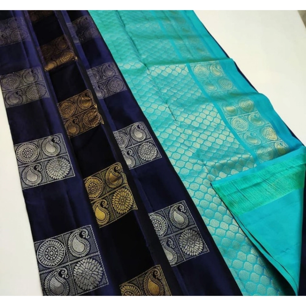 Spherevant Women's Litchi silk Printed Saree With Unstitched Blouse (Navy Blue With Turquise Blue)