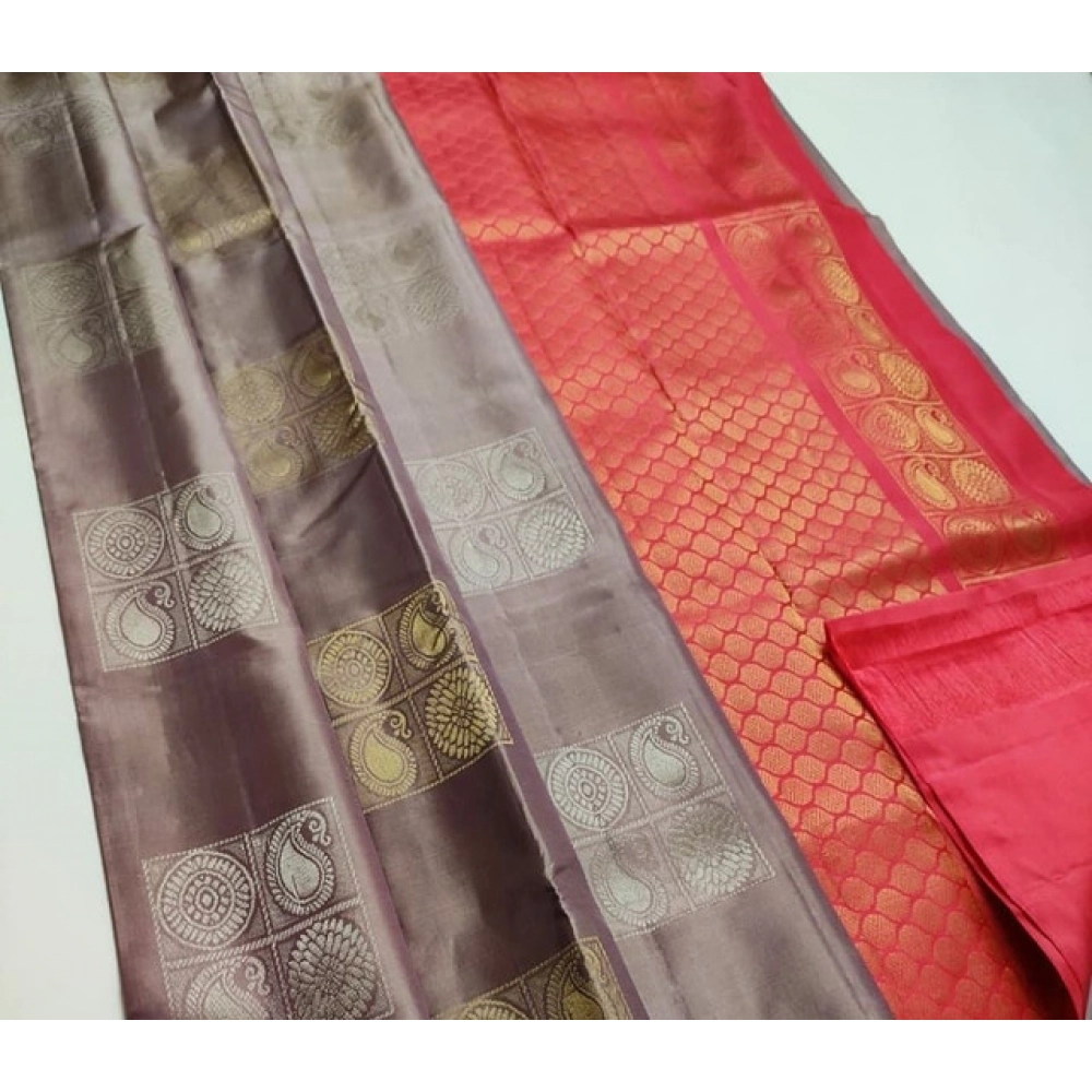 Spherevant Women's Litchi silk Printed Saree With Unstitched Blouse (Brown With Orange)