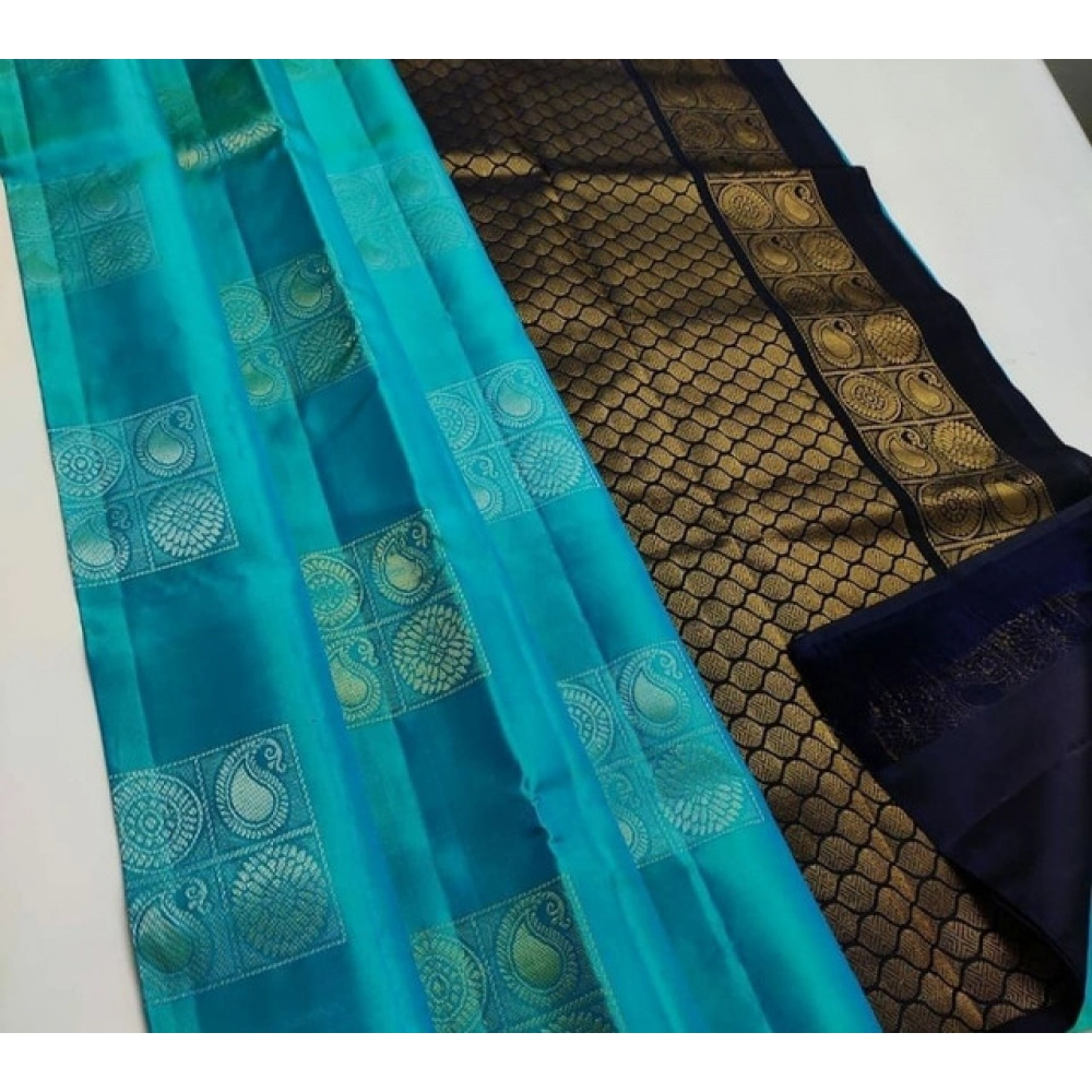 Spherevant Women's Litchi silk Printed Saree With Unstitched Blouse (Light Blue With Black)