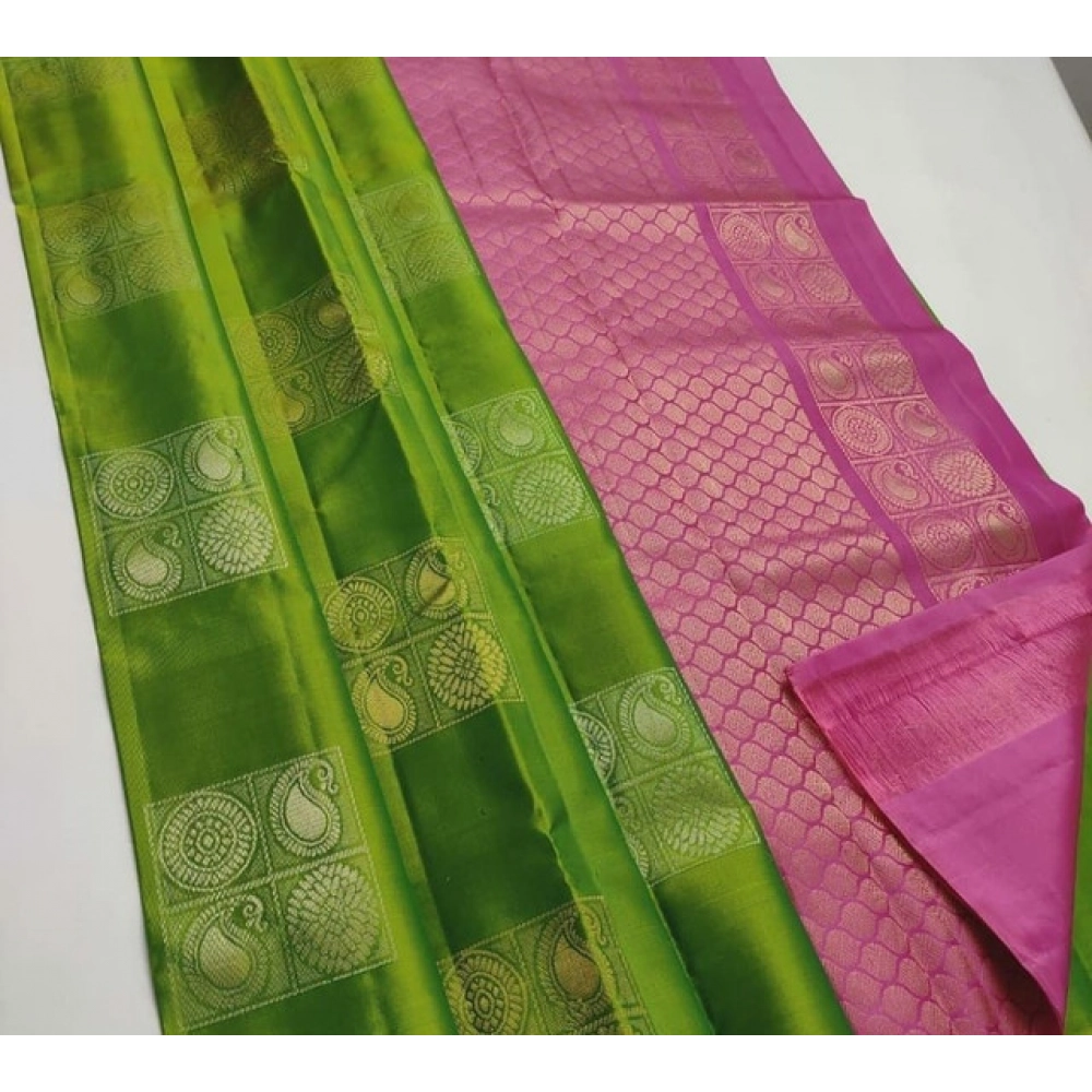 Spherevant Women's Litchi silk Printed Saree With Unstitched Blouse (Green With Pink)