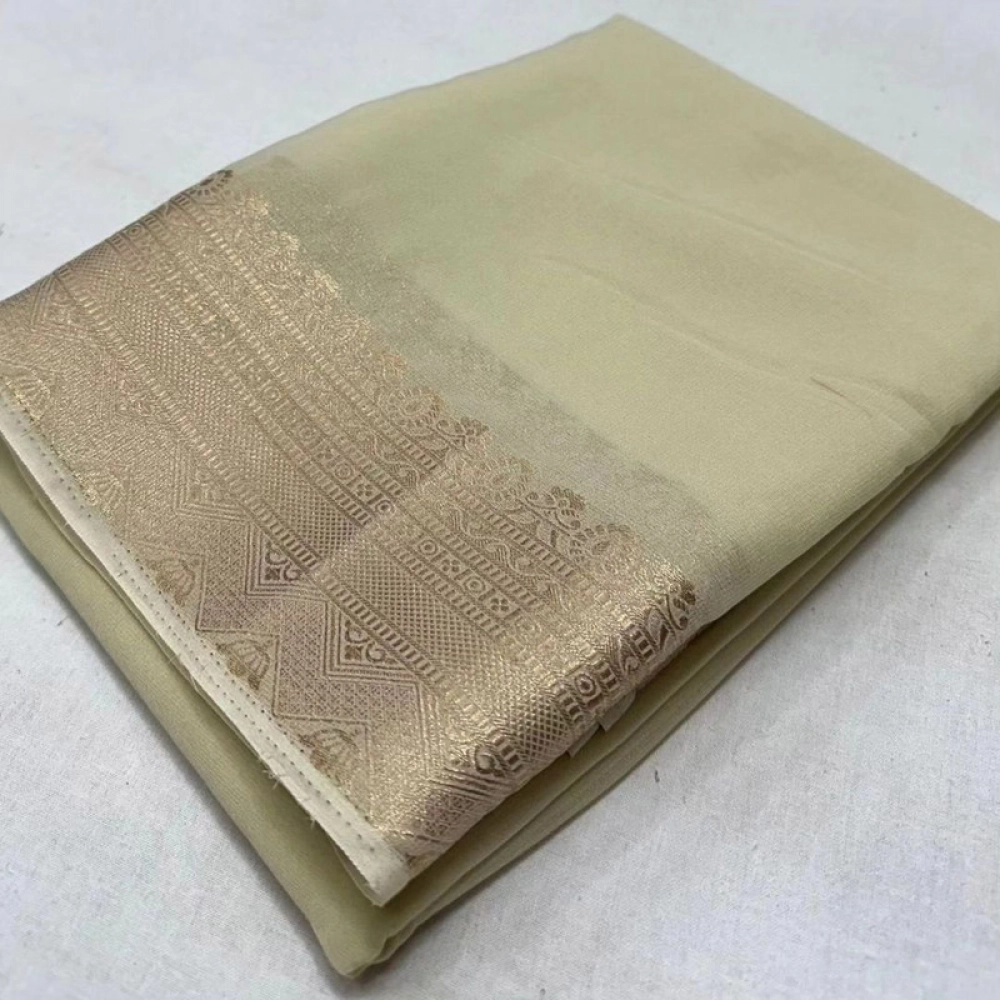 Spherevant Women's Crepe Chit Pallu Solid Saree With Unstitched Blouse 5.5Mtr (Beige)