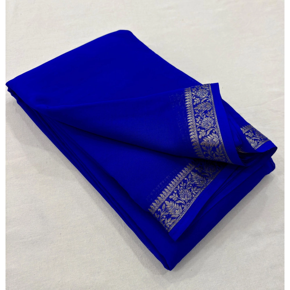 Spherevant Women's Crepe Chit Pallu Solid Saree With Unstitched Blouse 5.5Mtr (Blue)