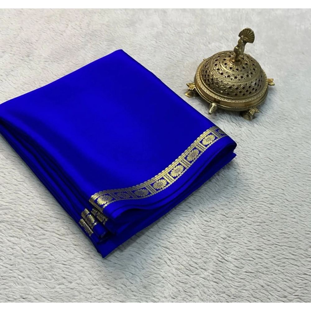 Spherevant Women's Crepe Chit Pallu Solid Saree With Unstitched Blouse 5.5Mtr (Blue)