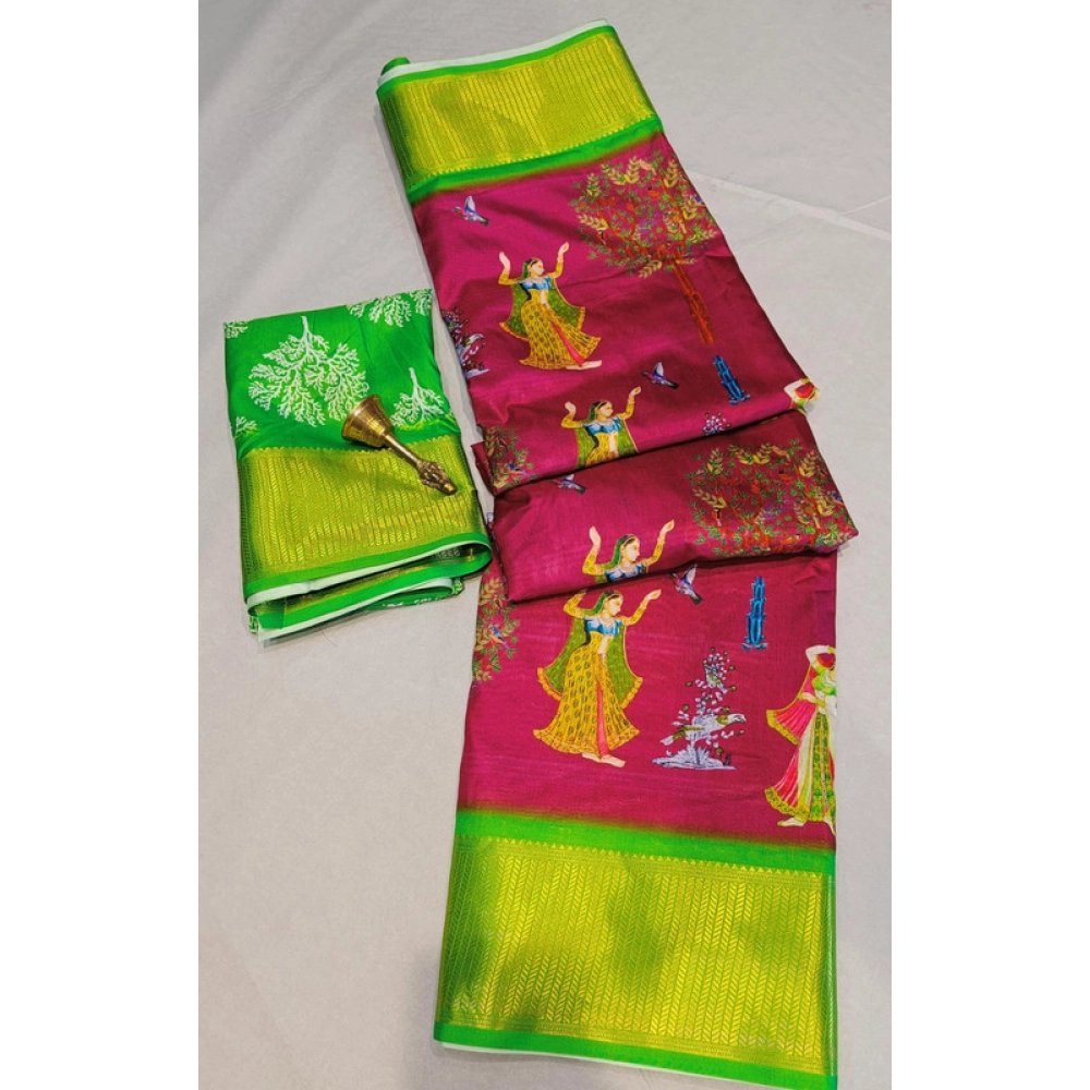 Spherevant Women's Digital Dolla Silk Printed Saree With Unstitched Blouse 5.5Mtr (Pink)
