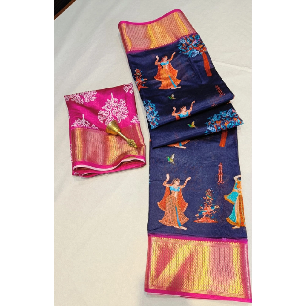 Spherevant Women's Digital Dolla Silk Printed Saree With Unstitched Blouse 5.5Mtr (Navy Blue)