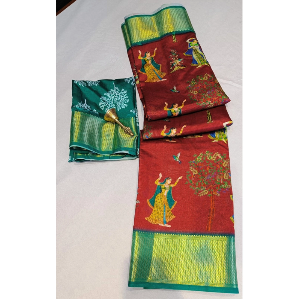 Spherevant Women's Digital Dolla Silk Printed Saree With Unstitched Blouse 5.5Mtr (Brown)