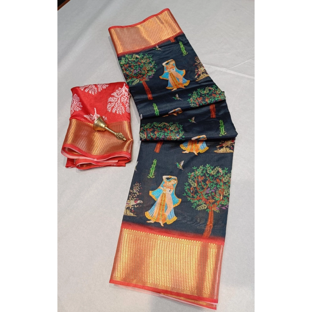 Spherevant Women's Digital Dolla Silk Printed Saree With Unstitched Blouse 5.5Mtr (Black)
