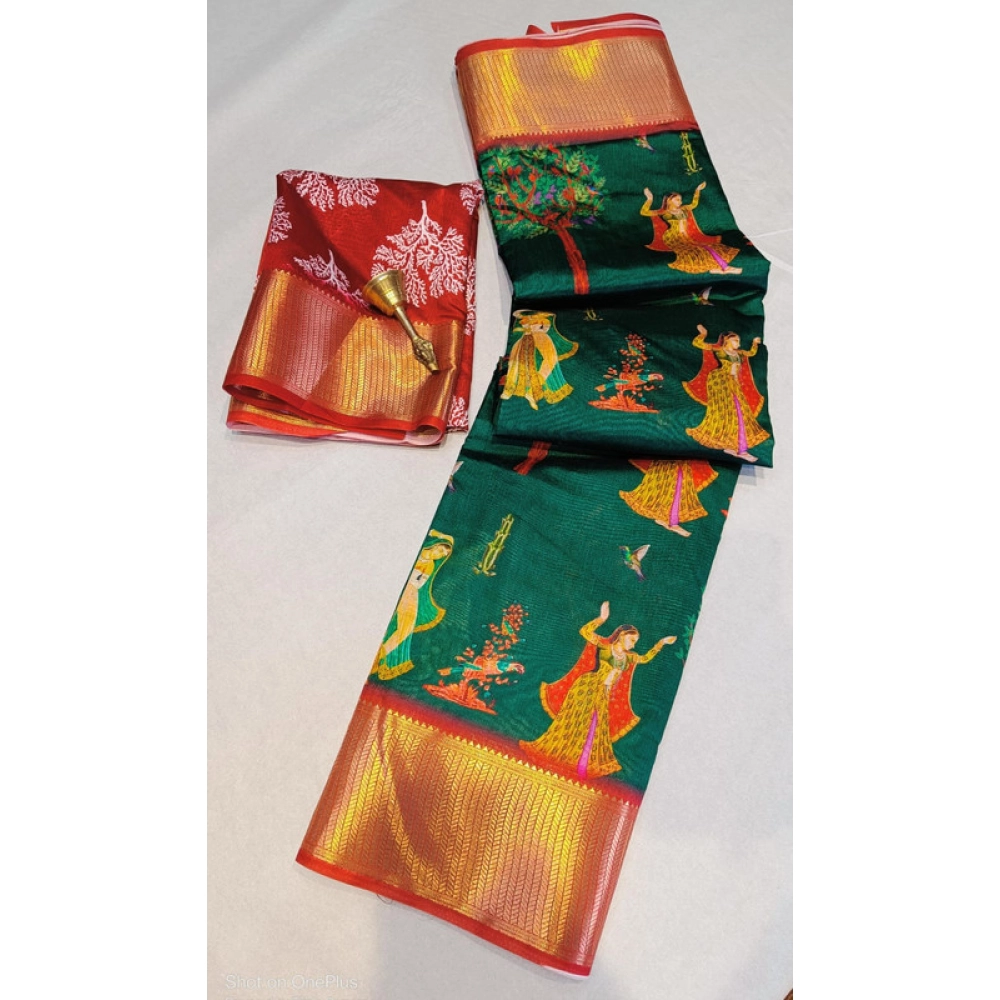 Spherevant Women's Digital Dolla Silk Printed Saree With Unstitched Blouse 5.5Mtr (Green)
