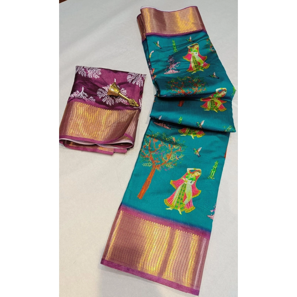 Spherevant Women's Digital Dolla Silk Printed Saree With Unstitched Blouse 5.5Mtr (Turquoise Green)