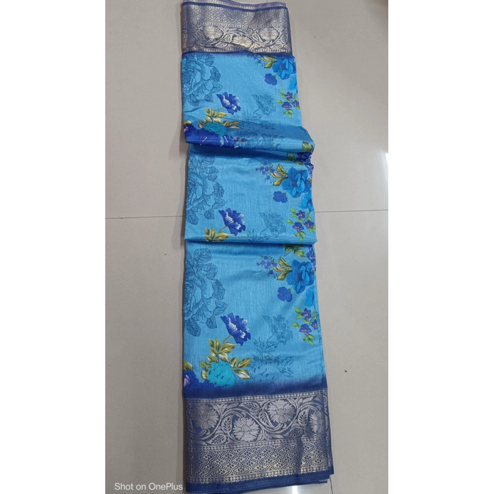 Spherevant Women's Digital Dolla Silk Printed Saree With Unstitched Blouse 5.5Mtr (Sky Blue)