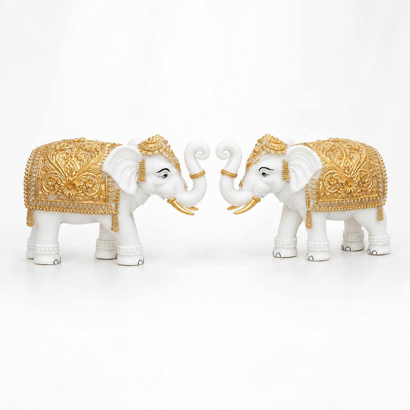 White-Gold Elephant Showpiece Pair, Marble Dust Resin, 8 Inch