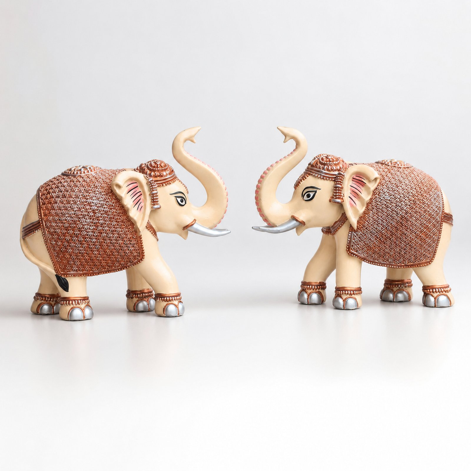 Peach Cream Elephant Showpiece Pair, Home Temple Decor, 5 Inch