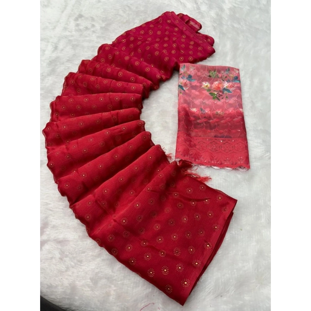 Spherevant Women's Printed Brasso Saree With Unstitched Blouse (Red, 5-6 Mtrs)