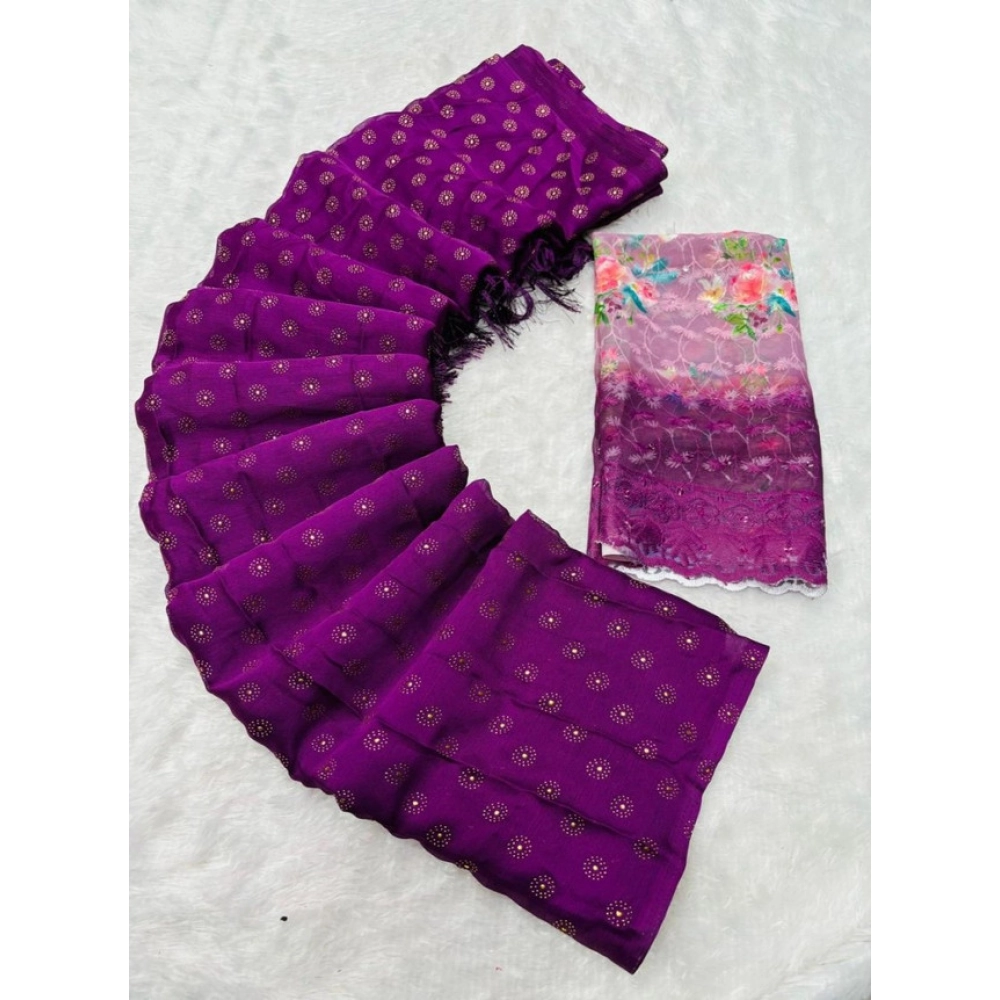 Spherevant Women's Printed Brasso Saree With Unstitched Blouse (Magenta, 5-6 Mtrs)