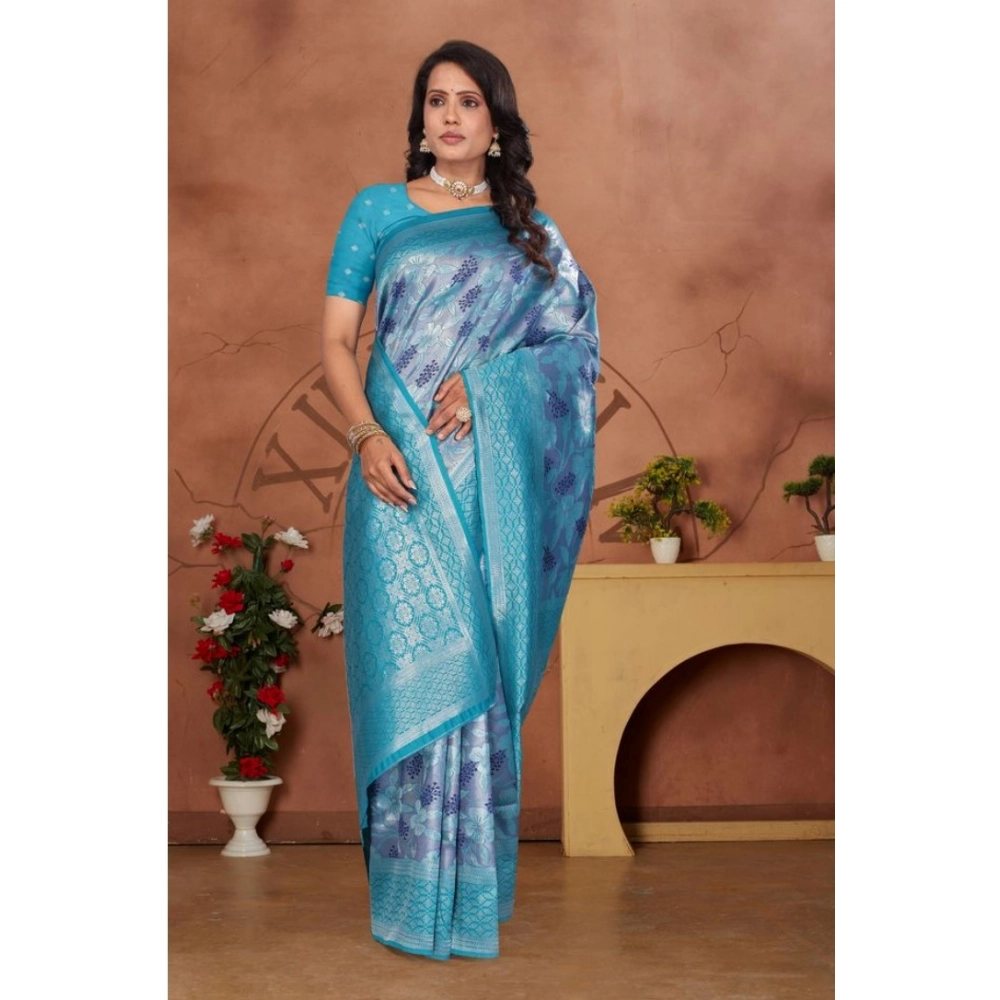 Spherevant Women's Banarasi Silk Jaquard Woven Saree With Unstitched Blouse 5.5Mtr (Light Blue) - Image 2