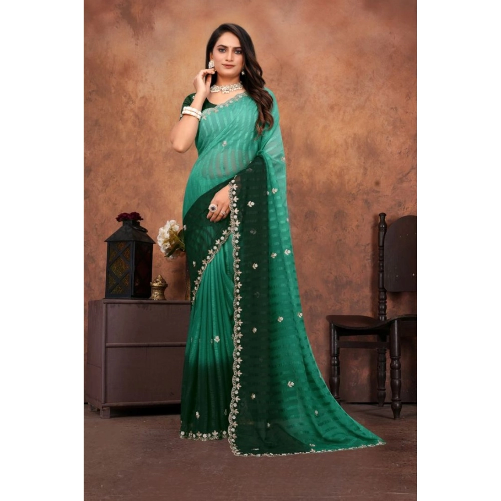 Spherevant Women's Chiffon Embroidred Saree With Unstitched Blouse 5.5Mtr (Dark Green)