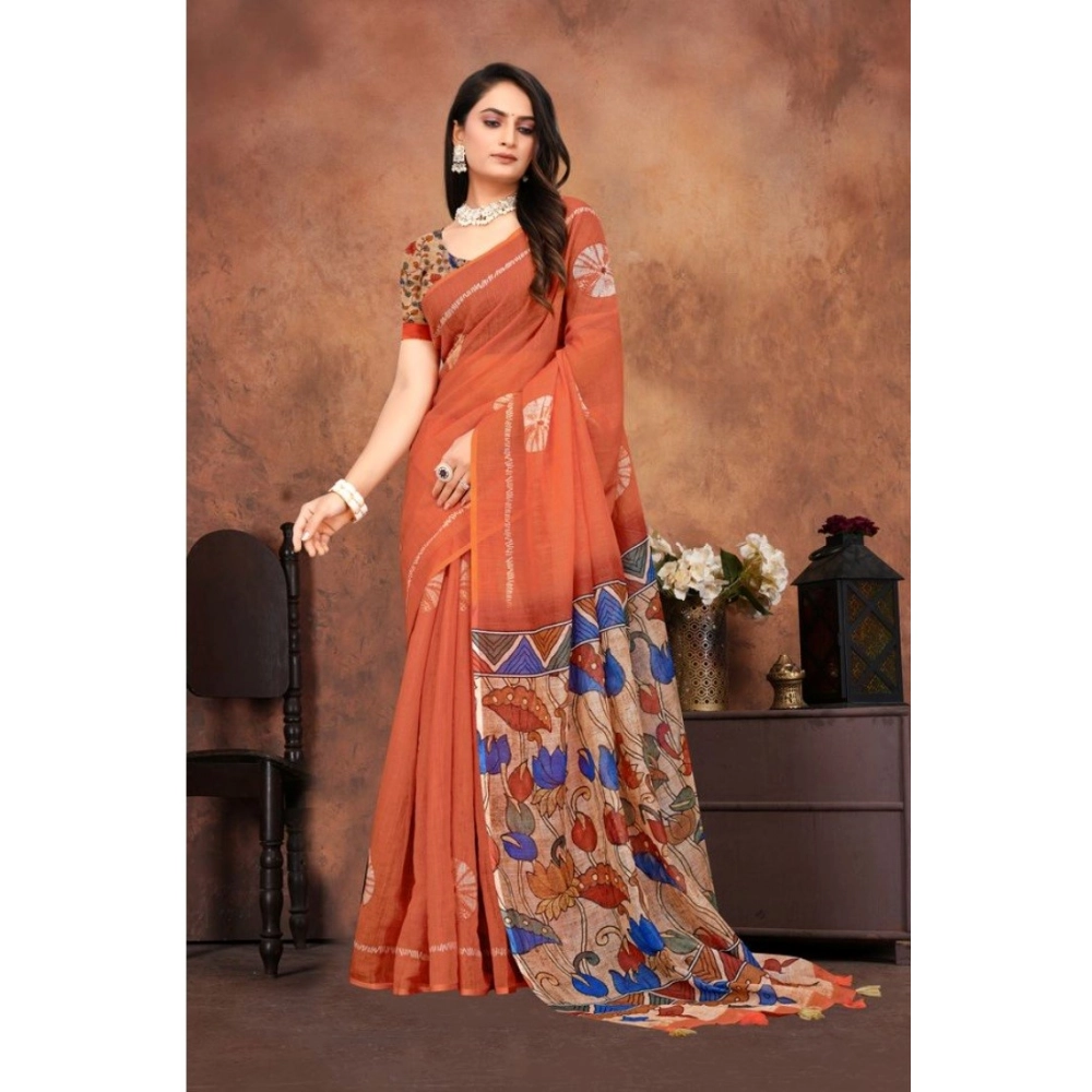 Spherevant Women's Linen Printed Saree With Unstitched Blouse 5.5Mtr (Red)
