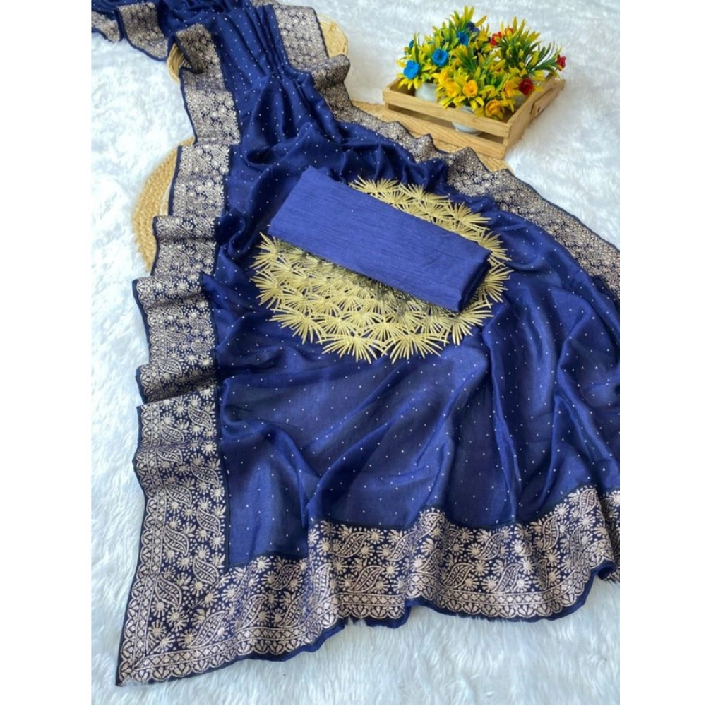 Spherevant Women's Silk Embroidred Saree With Unstitched Blouse 5.5Mtr (Blue)