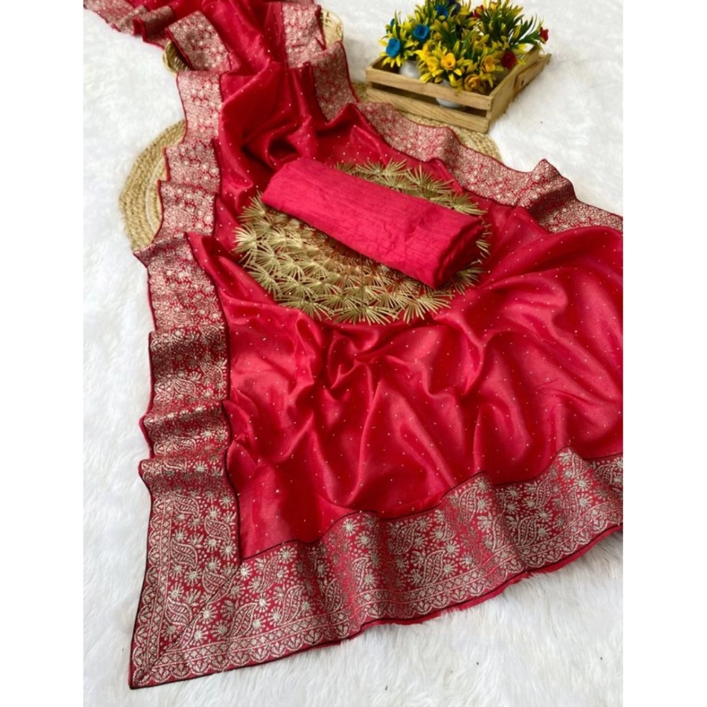 Spherevant Women's Silk Embroidred Saree With Unstitched Blouse 5.5Mtr (Pink)