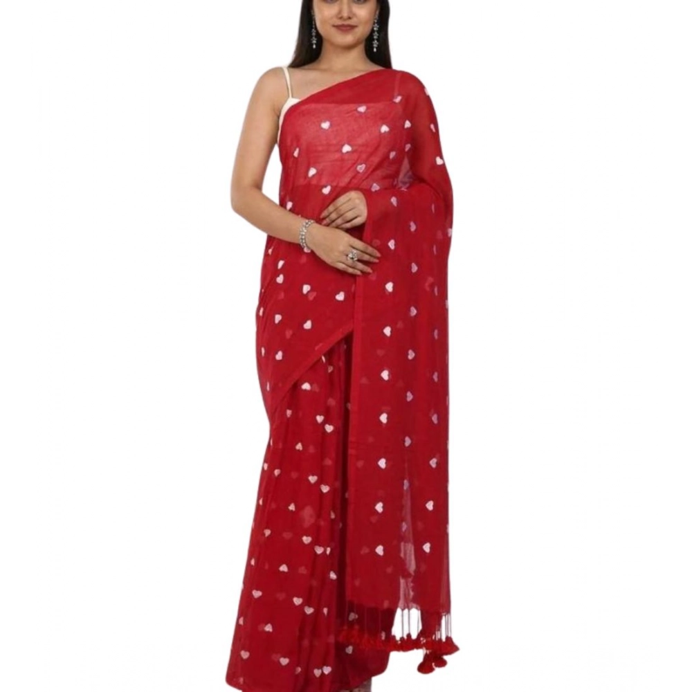 Spherevant Women's Linen Printed Saree With Unstitched Blouse 5.5Mtr (Red) - Image 2