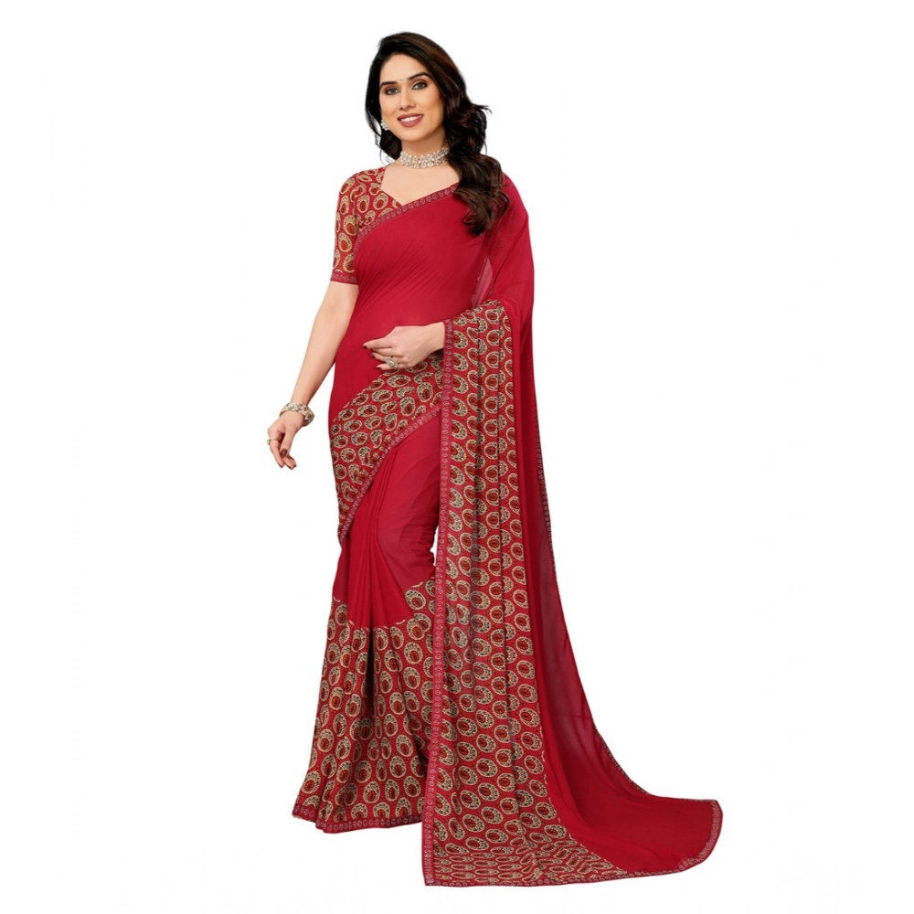 Spherevant Women's Georgette Printed Saree With Unstitched Blouse 5.5Mtr (Red)