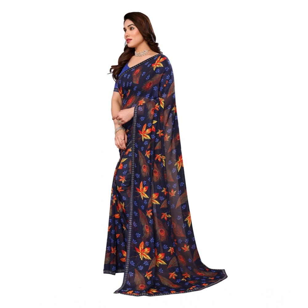 Spherevant Women's Georgette Printed Saree With Unstitched Blouse 5.5Mtr (Blue) - Image 2