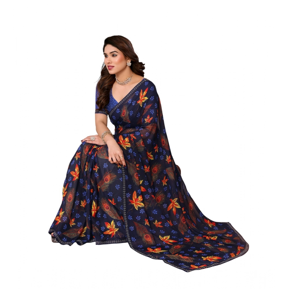 Spherevant Women's Georgette Printed Saree With Unstitched Blouse 5.5Mtr (Blue) - Image 4