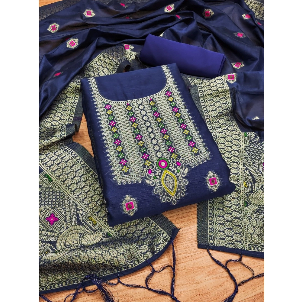 Spherevant Women's Banarasi Silk Printed Unstitched Salwar Suit Material With Dupatta (Navy Blue, 3Mtrs)