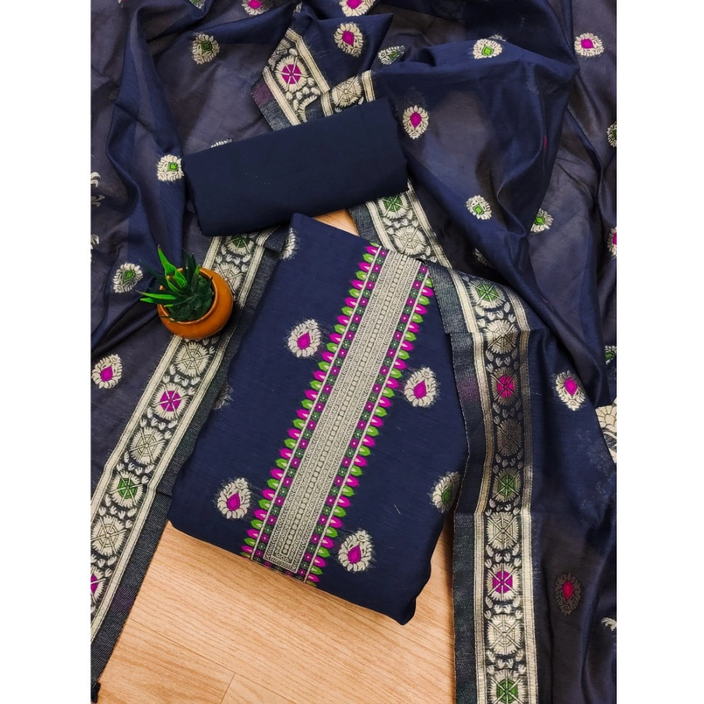 Spherevant Women's Banarasi Silk Printed Unstitched Salwar Suit Material With Dupatta (Navy Blue, 3Mtrs)