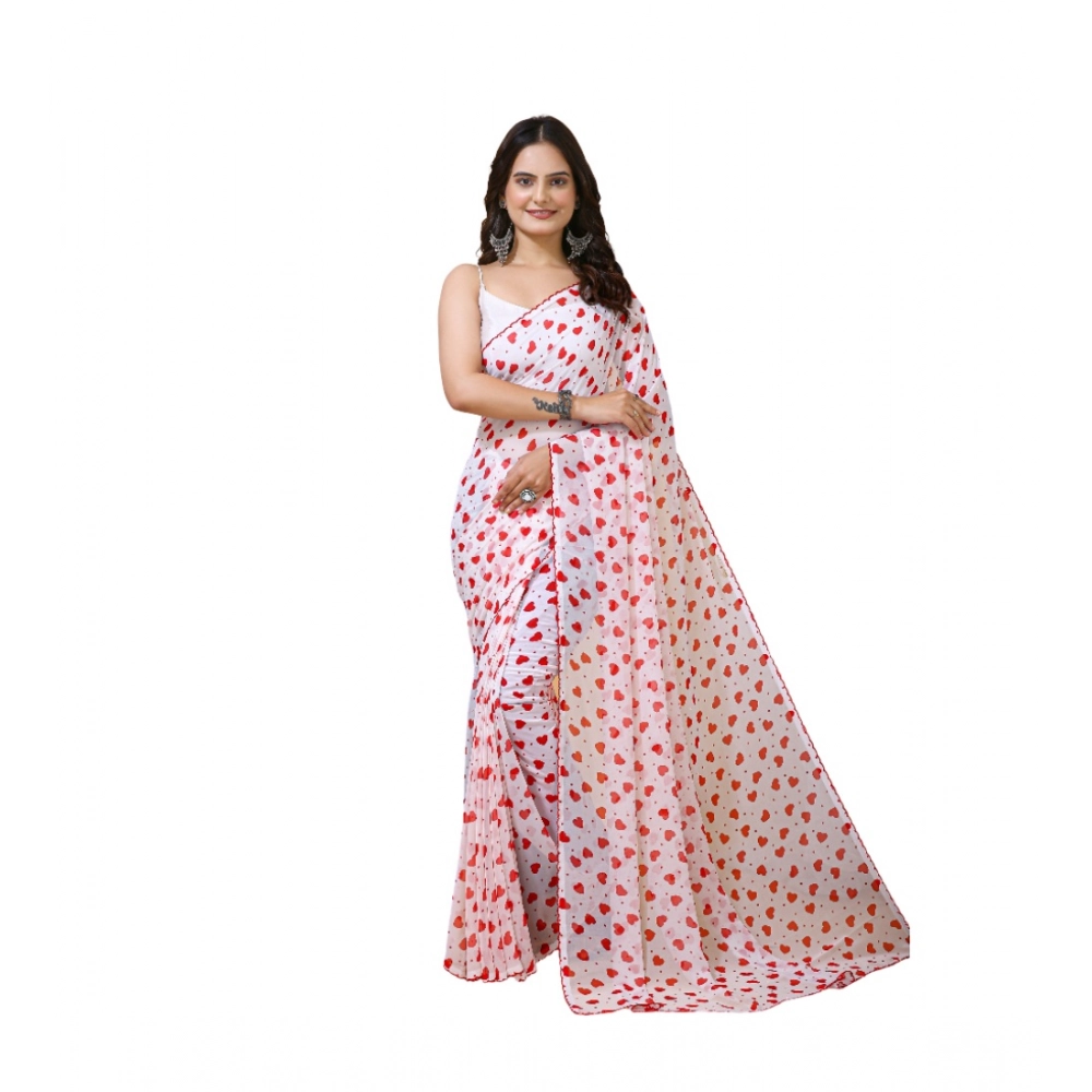Spherevant Women's Georgette Printed Saree With Unstitched Blouse 5.5Mtr (White-Red)