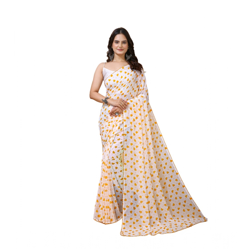 Spherevant Women's Georgette Printed Saree With Unstitched Blouse 5.5Mtr (White-Yellow)