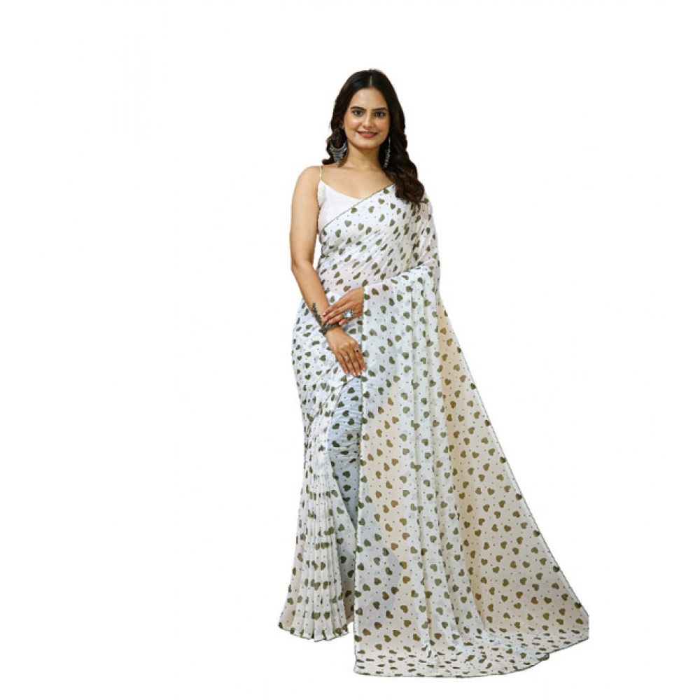 Spherevant Women's Georgette Printed Saree With Unstitched Blouse 5.5Mtr (White-Grey)